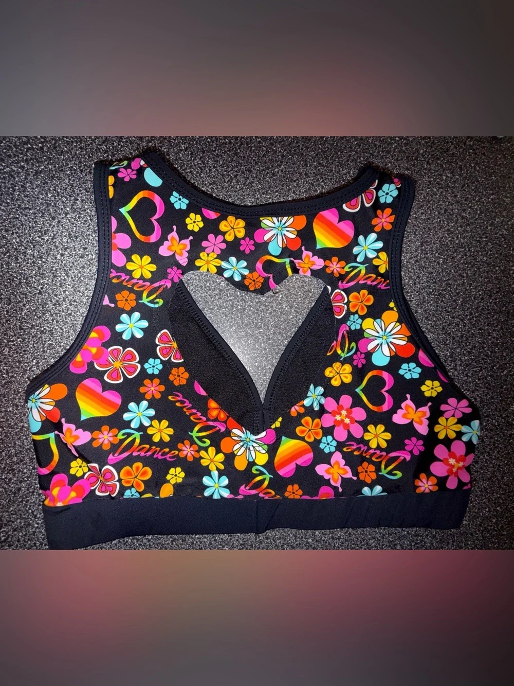 Trendy Threads Dance Bra Top Size Youth X-Large Black & Groovy Dance Theme